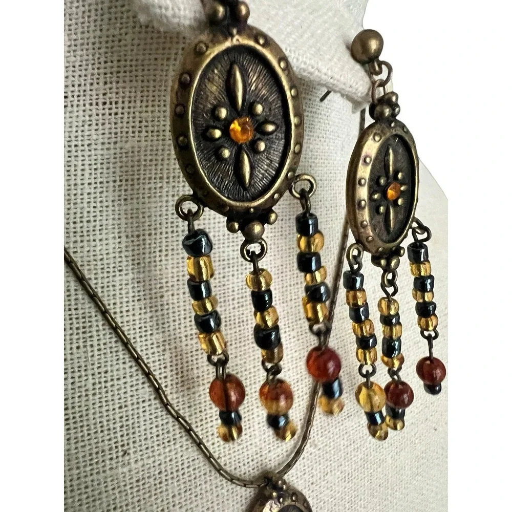 Boho Beaded Tassel Antique Gold Medallion Necklace Black Amber Earrings Set